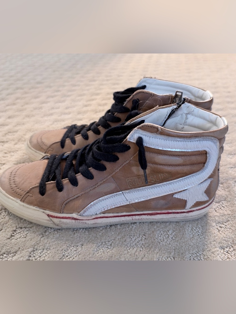 Golden Goose Slide High Top Sneakers Tan White Leather